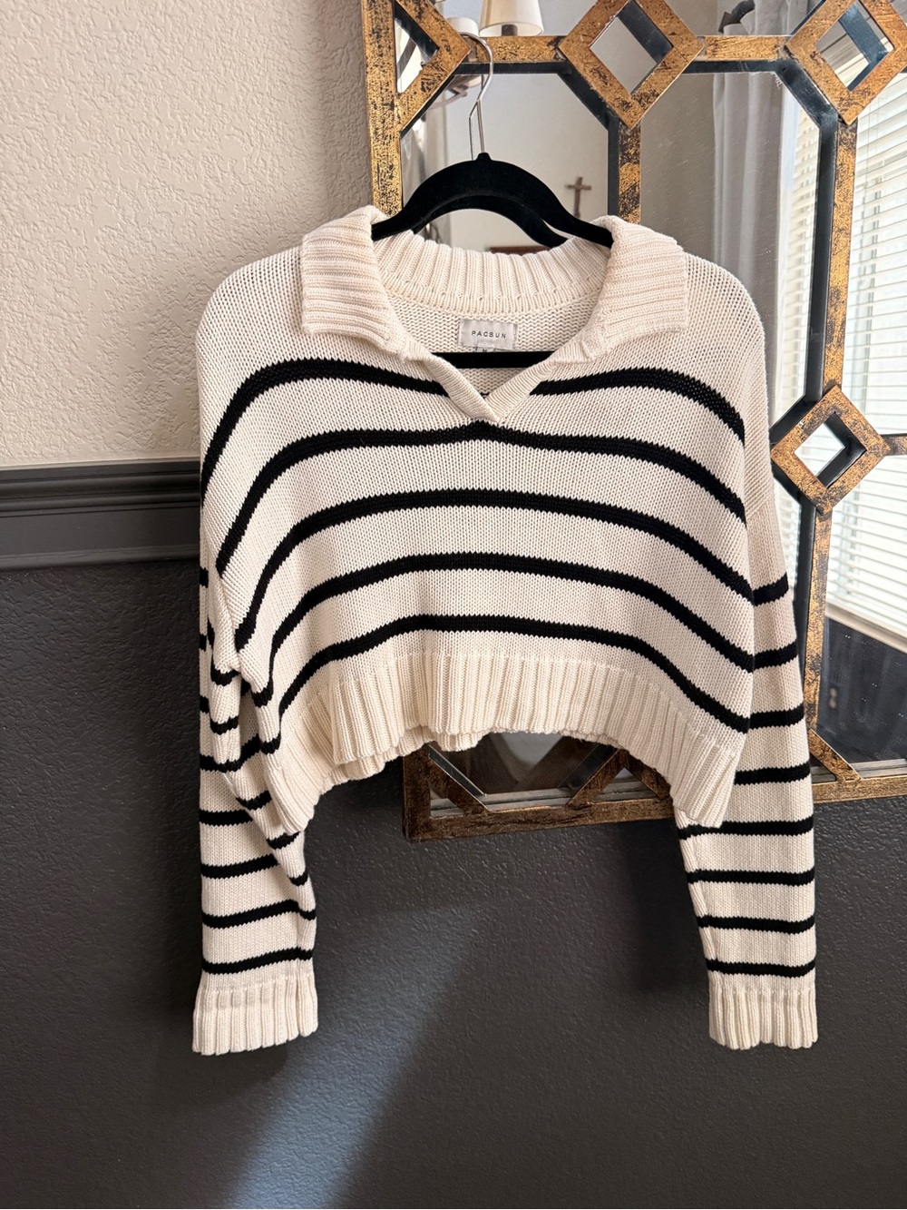 PacSun Cropped Cream & Black Striped Collared Sweater